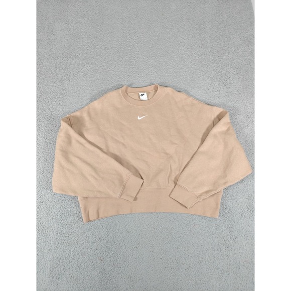 Nike Fleece Sweatshirt Womens Medium Tan Crewneck Cropped Swoosh DJ7665-200 - Picture 1 of 9